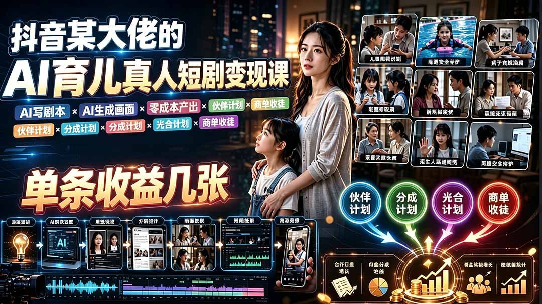 【2026.07.19】AI育儿真人短剧变现全攻略:AI写剧本+AI生成画面+零成本制作+伙伴分成+光合商单收徒-小鱼项目网