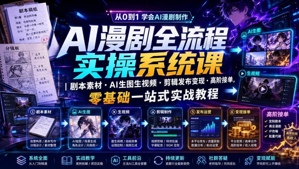 【2026.07.19】AI漫剧全流程实战课:剧本创作+AI生成图视+剪辑发布+高阶接单,零基础一站式轻松上手-小鱼项目网