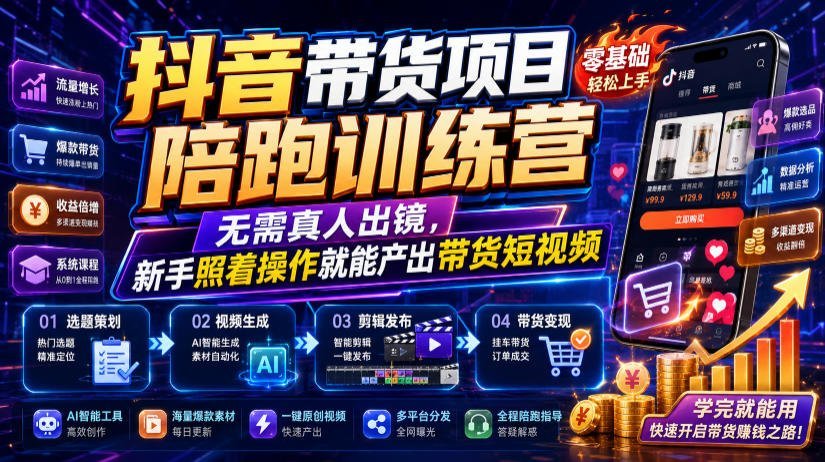 【2026.07.20】抖音带货陪跑训练营:零真人出镜,新手也能轻松打造爆款带货短视频-小鱼项目网