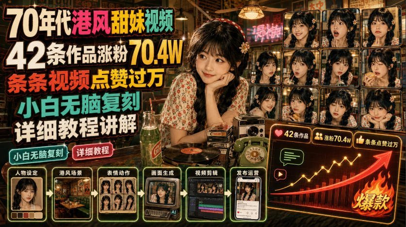 【2026.07.20】70年代港风甜妹视频:42条作品狂涨70万粉,条条爆款点赞破万!小白零基础复刻,手把手教程拆解-小鱼项目网