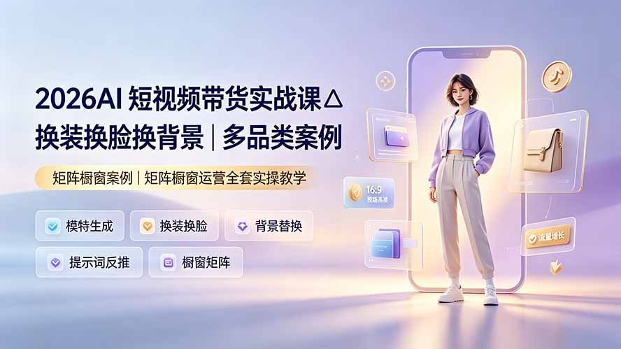【2026.07.21】2026 AI短视频带货实战:换装换脸换背景+多品类案例+矩阵橱窗运营全流程解析-小鱼项目网