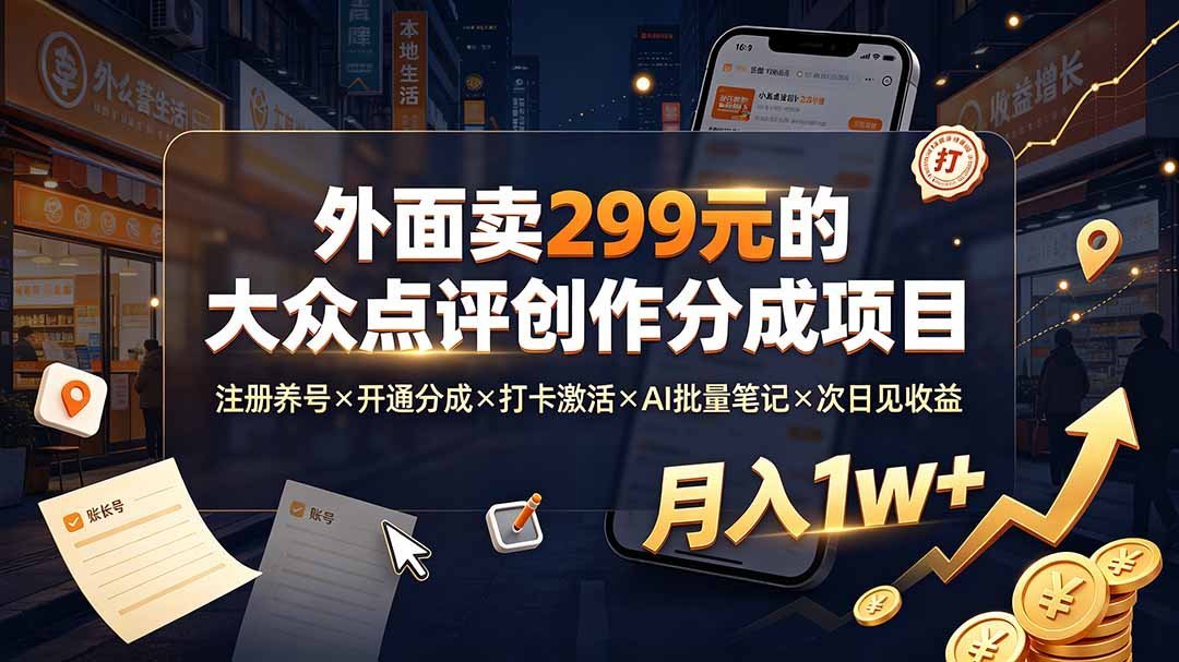 【2026.07.22】外面卖299元的大众点评创作分成玩法：注册养号、开通分成、打卡激活、AI批量笔记，次日见收益，轻松月入过万！-小鱼项目网