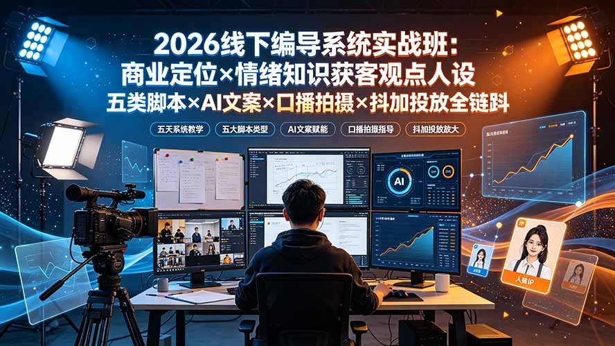 【2026.07.23】2026线下编导实战班:商业定位+情绪获客+观点人设+五类脚本+AI文案+口播拍摄+抖加投放,全链路一站式掌握!-小鱼项目网