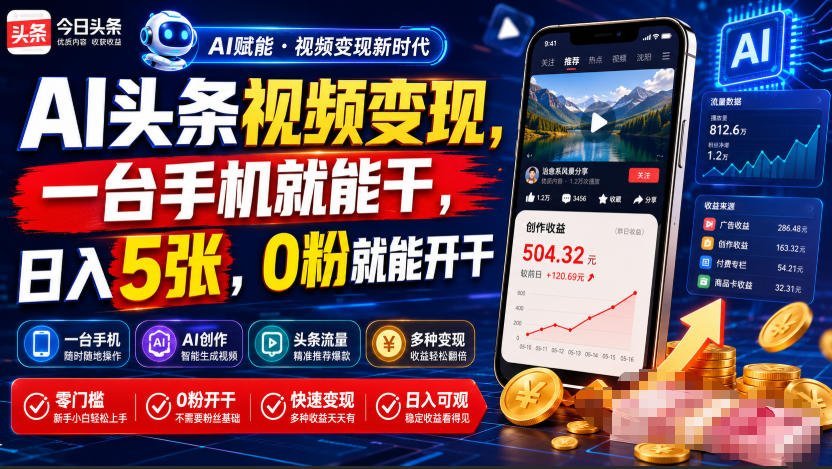 【2026.07.23】AI头条视频变现秘籍：仅需一部手机，零粉丝也能日赚500元！-小鱼项目网