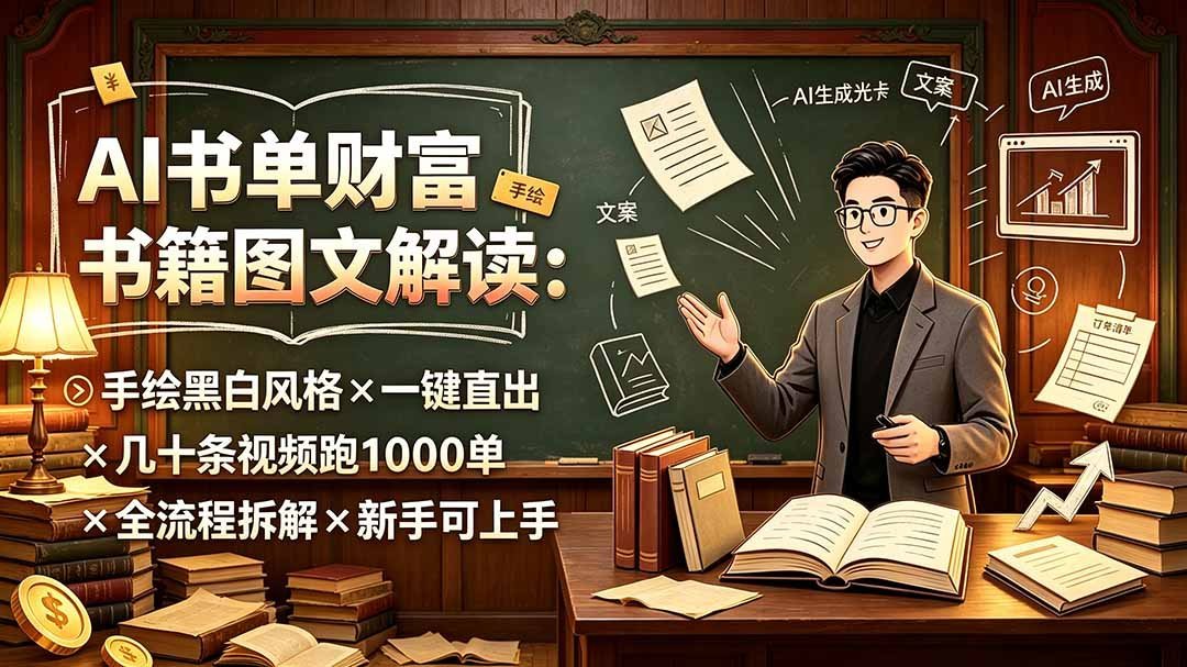 【2026.07.24】手绘黑白风AI书单财富秘籍:一键生成视频,新手轻松跑千单全流程拆解-小鱼项目网