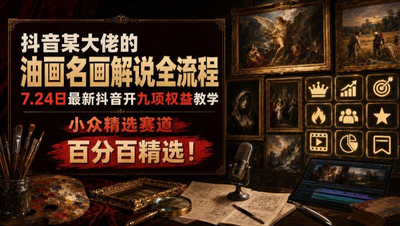 【2026.07.24】抖音油画大佬深度解析：名画解说全流程+九项权益教学，小众高收益赛道，纯干货分享！-小鱼项目网