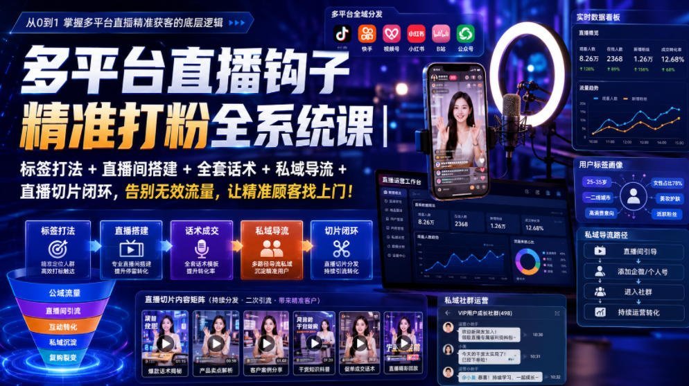 【2026.07.25】多平台直播钩子精准打粉全系统课|标签打法+直播间搭建+全套话术+私域导流+直播切片闭环,告别无效流量,让精准顾客找上门!-小鱼项目网