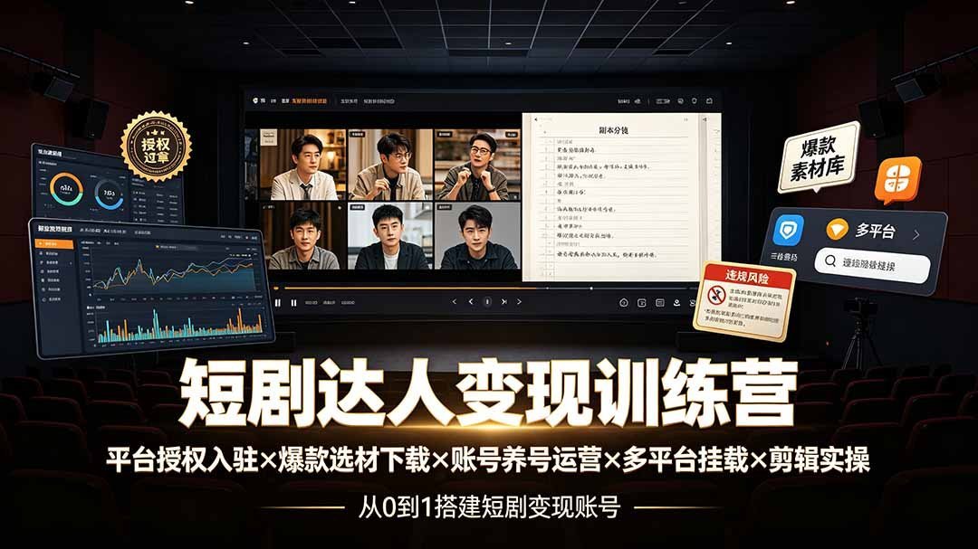 【2026.07.26】短剧变现训练营:从平台授权到爆款选材,再到账号运营与剪辑实操,全流程教你轻松上手!-小鱼项目网