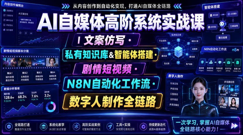 【2026.07.26】AI自媒体进阶实战课:文案仿写、知识库搭建、智能体开发、剧情短视频、N8N自动化与数字人制作全链路解析-小鱼项目网