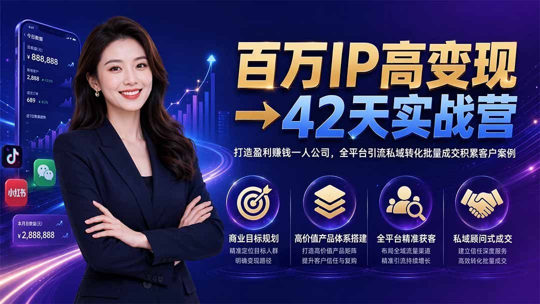 【2026.07.28】42天实战营：百万IP高变现秘籍，打造一人公司盈利闭环，全平台引流私域转化，批量复制成交案例-小鱼项目网