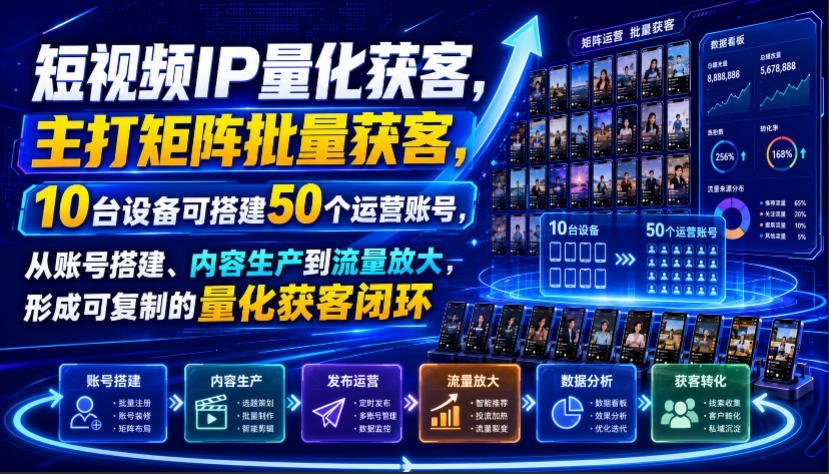【2026.07.28】短视频IP量化获客：用10台设备搭建50个运营账号，从账号搭建、内容生产到流量放大，打造可复制的批量获客闭环-小鱼项目网