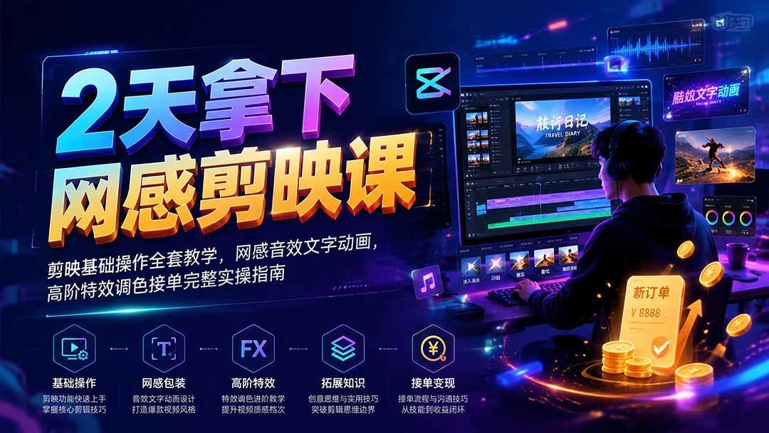 【2026.07.29】网感剪辑速成指南|剪映零基础到接单高手,音效文字动画+高阶特效调色全实战-小鱼项目网