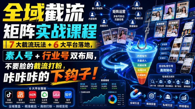 【2026.07.29】🔥全域截流矩阵实战:7大截流玩法+6大平台落地,素人号与行业号双线布局,零门槛打粉秘籍,钩子一甩就爆单!-小鱼项目网