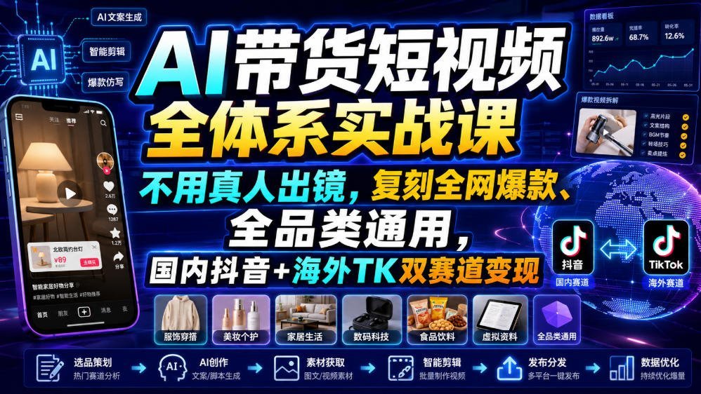 【2026.07.29】AI带货短视频实战全攻略:无需真人出镜,复刻爆款,覆盖全品类,国内抖音与海外TK双赛道变现!-小鱼项目网