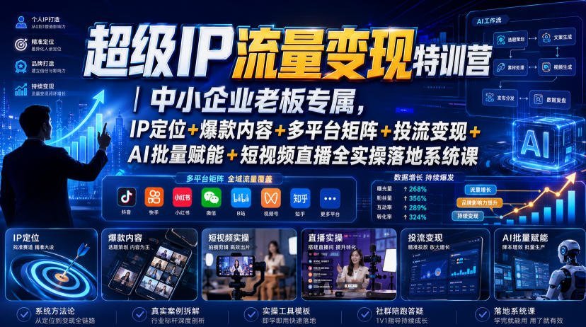 【2026.07.30】中小企业老板必看:超级IP流量变现实战课|IP定位+爆款内容+全平台矩阵+投流变现+AI赋能+短视频直播落地系统-小鱼项目网
