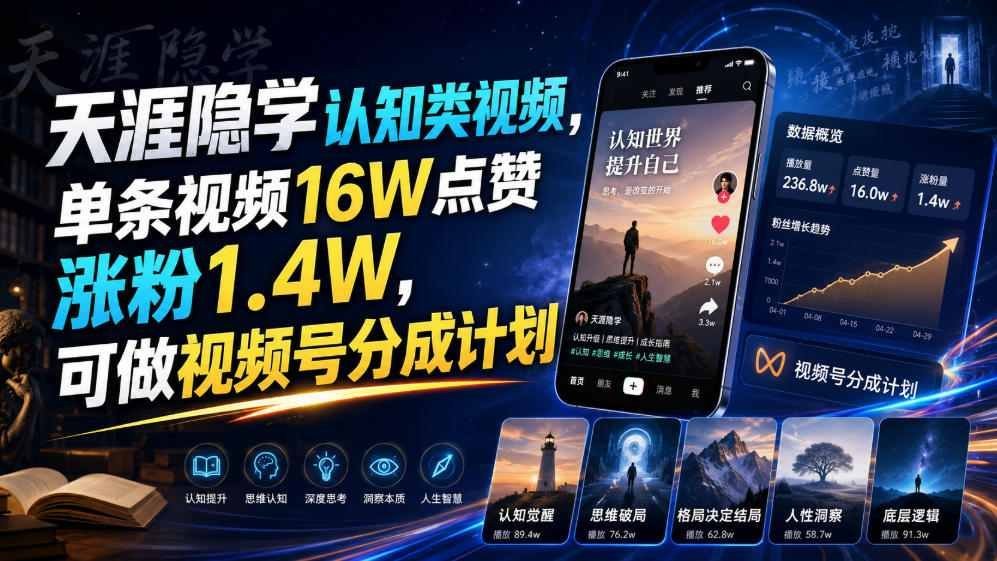 【2026.07.30】揭秘天涯隐学:单条视频16万点赞、涨粉1.4万,视频号分成计划新机遇-小鱼项目网