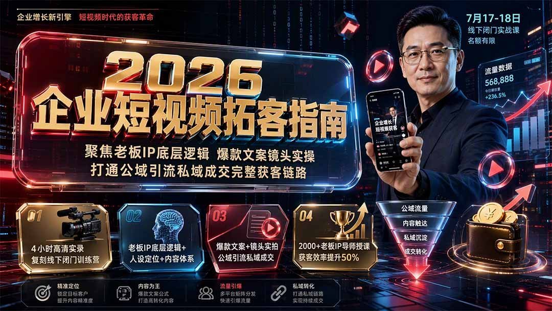 【2026.08.02】2026企业短视频获客全攻略:老板IP打造+爆款文案+公域私域联动成交闭环-小鱼项目网