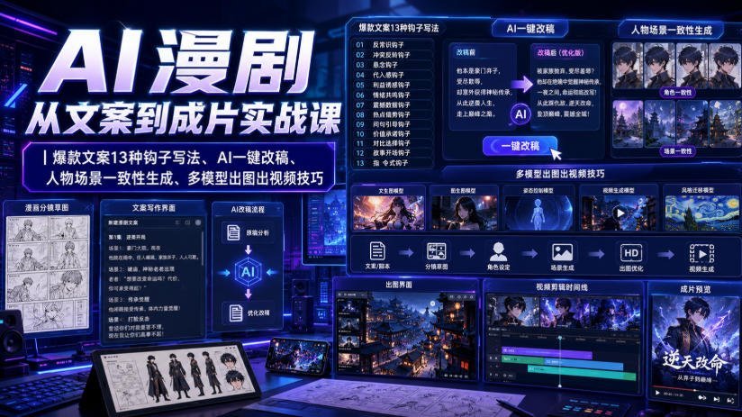 【2026.08.03】AI漫剧全流程实战:13种爆款钩子文案、AI一键改稿、角色场景统一生成、多模型出图出片技巧-小鱼项目网