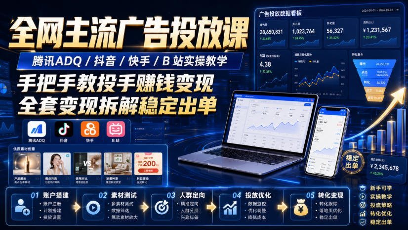 【2026.08.06】腾讯ADQ、抖音、快手、B站全平台广告实操课:投手手把手教你稳定变现,拆解出单全流程-小鱼项目网