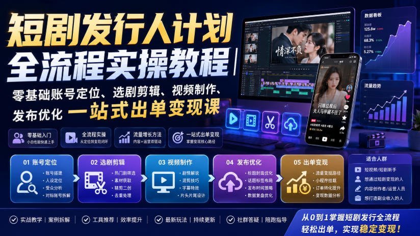 【2026.08.07】短剧发行人0基础实操全攻略｜从账号定位、选剧剪辑到发布变现，一站式出单赚钱课-小鱼项目网