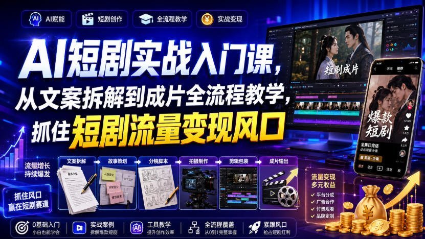 【2026.08.07】短剧掘金实操课：零基础拆解爆款文案，全流程制作到变现一网打尽-小鱼项目网
