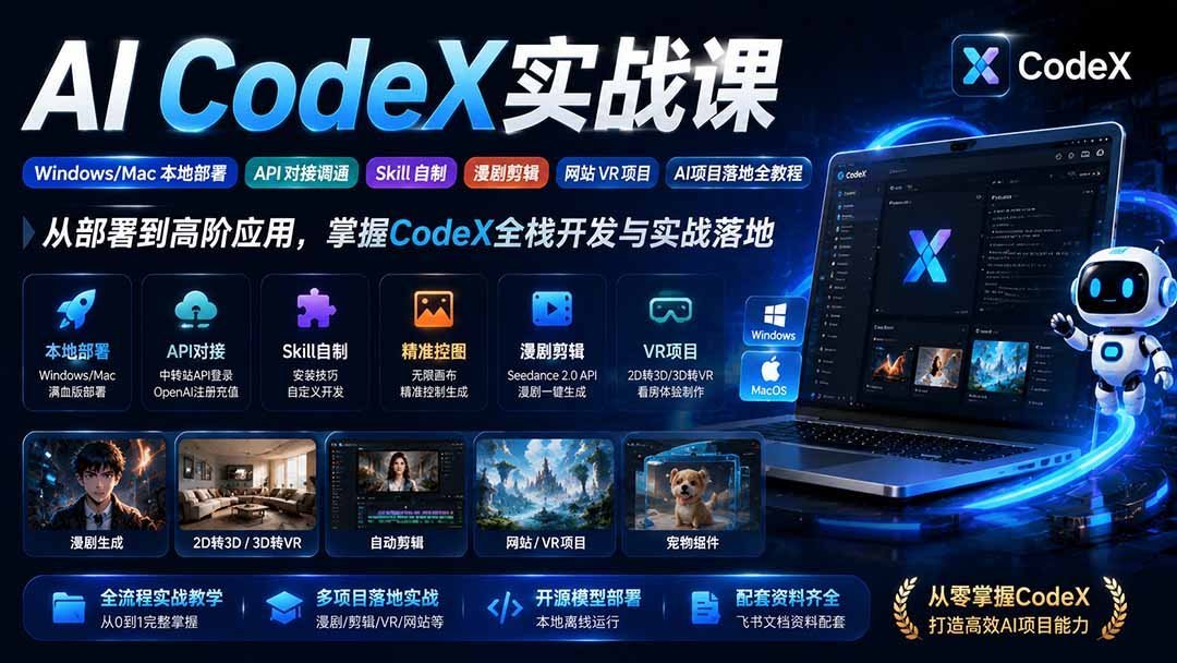 【2026.08.08】AI CodeX实战全攻略：本地部署+API对接+自制Skill，从漫剧剪辑到VR网站一站式落地-小鱼项目网