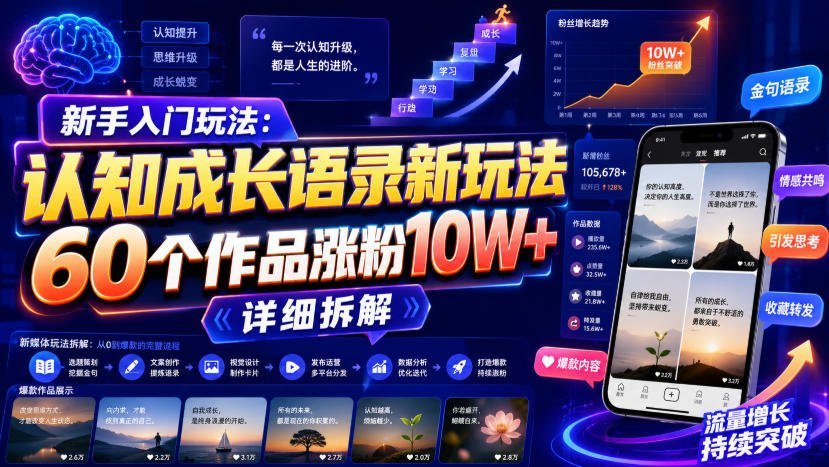 【2026.08.11】新手必看！认知成长语录新玩法，60个作品狂揽10W+粉丝，深度拆解揭秘-小鱼项目网