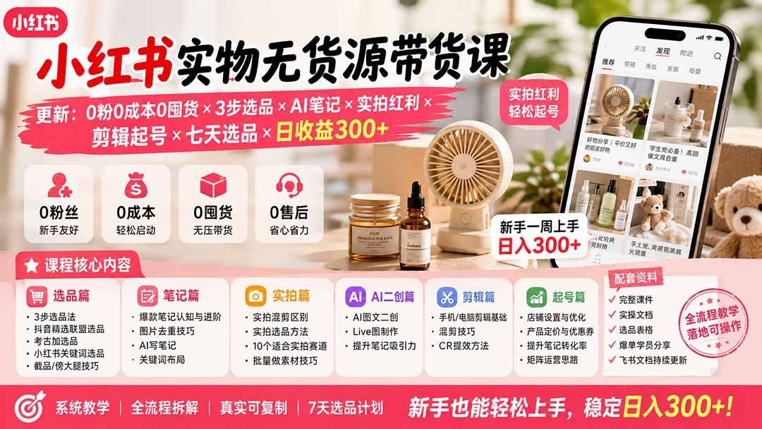 【2026.08.12】0粉0成本0囤货,小红书实物带货3步选品+AI笔记+实拍红利,7天日入300+-小鱼项目网