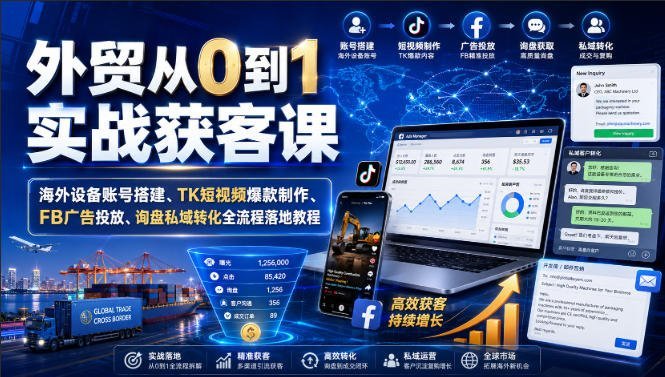 【2026.08.12】外贸小白逆袭指南:从0到1实战获客全攻略,海外设备搭建+TK爆款视频+FB广告投放+询盘转化,一站式落地教程-小鱼项目网