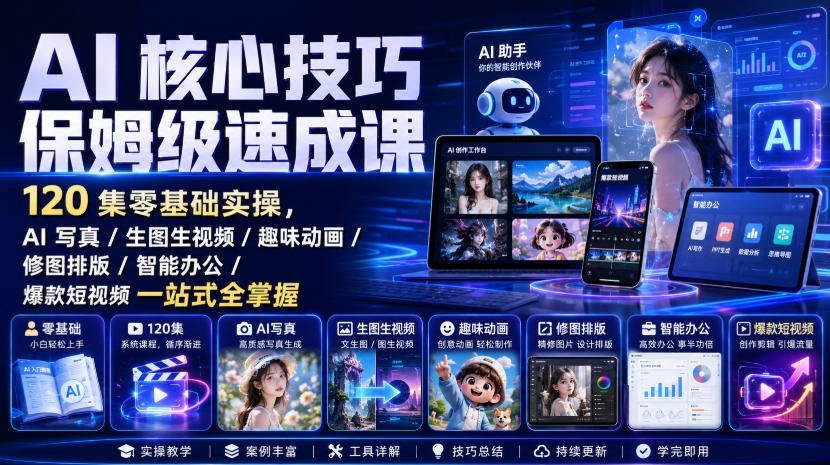 【2026.08.13】AI技能一站式精通|120集零基础实战,AI写真/生图生视频/趣味动画/修图排版/智能办公/爆款短视频全搞定-小鱼项目网