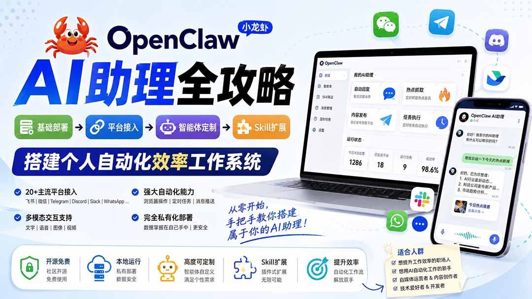 【2026.08.16】🦞OpenClaw小龙虾AI助手实战手册：从零部署到全平台接入，再到智能体个性化定制与Skill扩展，一键搭建你的专属自动化效率中枢-小鱼项目网
