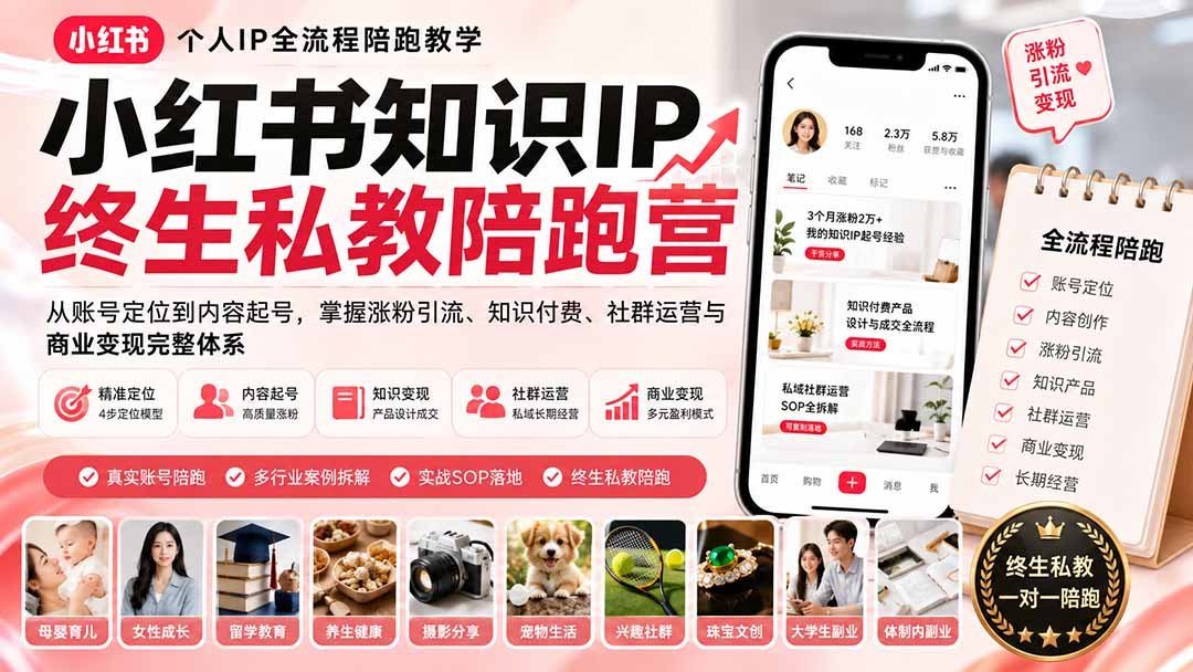 【2026.08.17】小红书知识IP私教陪跑营:从0到1打造个人品牌,玩转涨粉、变现与社群运营全链路-小鱼项目网