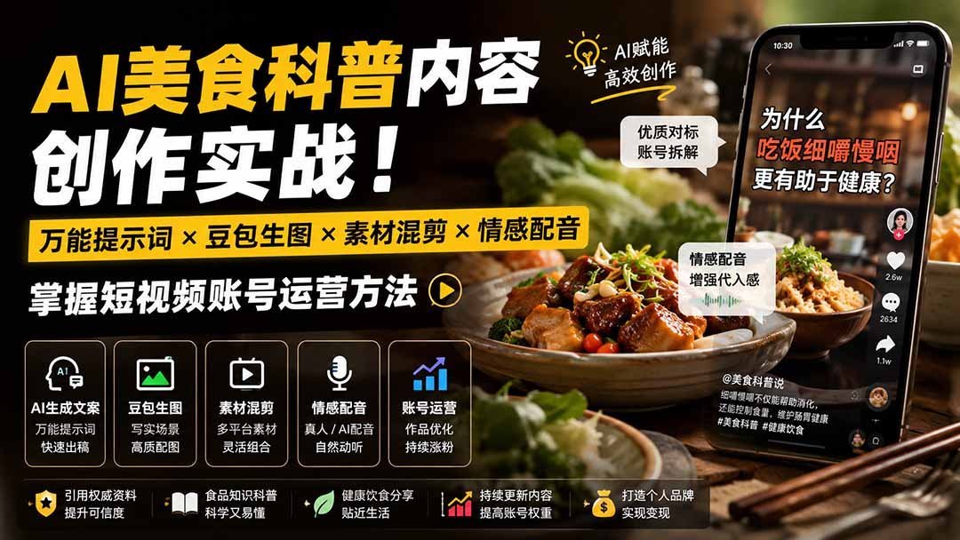 【2026.08.18】AI美食号从0到1:万能提示词×豆包生图×情感配音,手把手教你打造爆款短视频账号-小鱼项目网