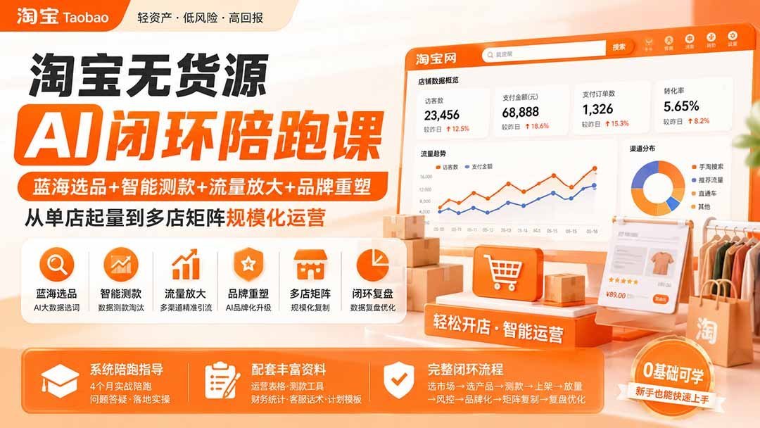 【2026.08.20】淘宝无货源AI全链路陪跑：蓝海选品×智能测款×流量爆发×品牌升级，单店破零到多店矩阵的规模化增长实战-小鱼项目网