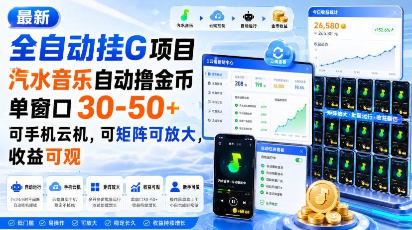 【2026.08.20】汽水音乐全自动挂机新玩法，单窗口日入30-50+，支持手机云机与矩阵放大，轻松躺赚！-小鱼项目网