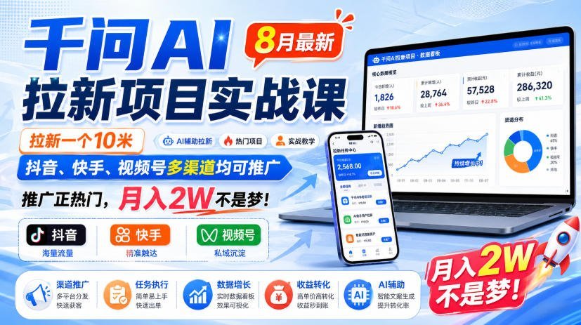 【2026.08.21】千问AI拉新实战课：单日10米佣金，抖音快手视频号全渠道推广，月入2W轻松破！-小鱼项目网