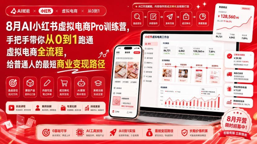 【2026.08.21】8月AI虚拟电商实战训练营｜零基础起步，手把手教你跑通小红书变现全流程，普通人也能快速上手的最短盈利路径-小鱼项目网