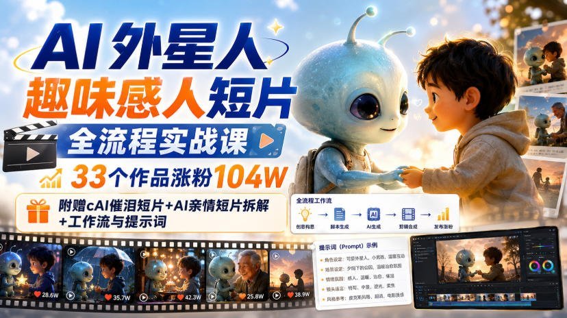 【2026.08.24】AI外星人温情短片全流程实操课：33个作品狂揽104W粉，附赠催泪短片拆解+核心工作流与提示词-小鱼项目网