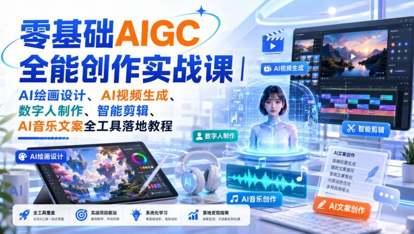 【2026.08.25】零基础玩转AIGC:AI绘画、视频、数字人、剪辑、音乐文案,全流程实战指南!-小鱼项目网
