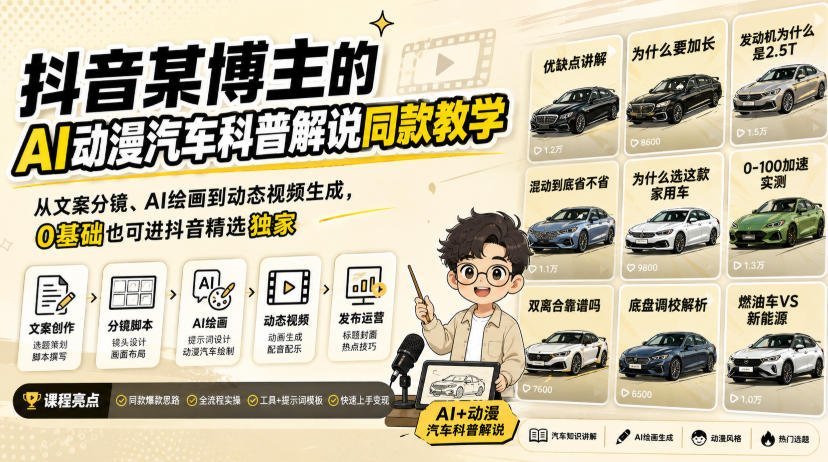 【2026.08.27】0基础玩转AI动漫汽车科普:从文案分镜到视频生成,解锁抖音独家收益秘籍-小鱼项目网