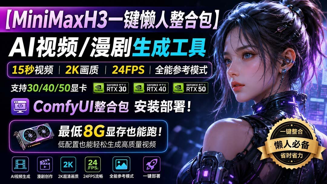 【2026.08.29】MiniMax H3懒人神器：一键生成AI视频/漫剧，15秒2K高清24帧，30系到50系显卡通吃，8G显存也能畅玩！-小鱼项目网