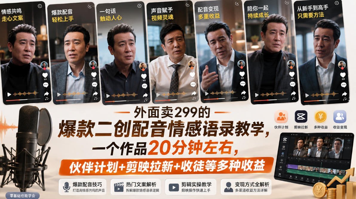 【2026.08.29】爆款二创配音情感语录教学，299元课程全拆解！一个作品20分钟，伙伴计划+剪映拉新+收徒，多路变现玩法揭秘-小鱼项目网