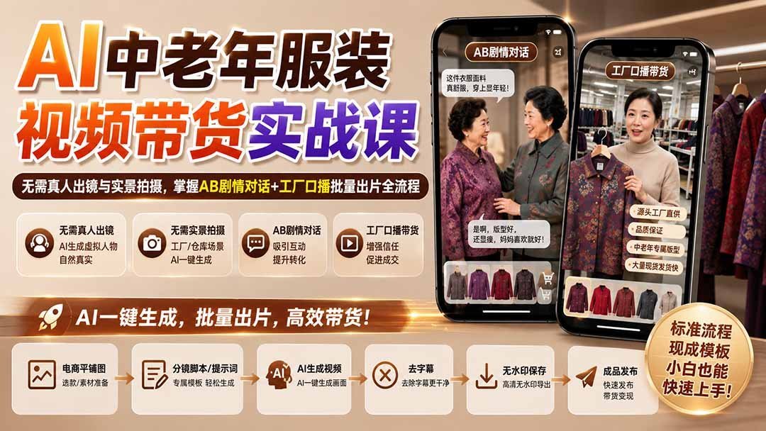 【2026.09.02】AI服装带货新玩法:中老年赛道AB剧情+工厂口播,零出镜批量产出爆款视频-小鱼项目网