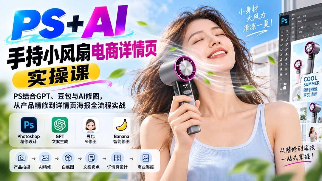 【2026.09.05】PS+AI手持小风扇电商实战课:从产品精修到详情页海报,玩转AI修图全流程-小鱼项目网
