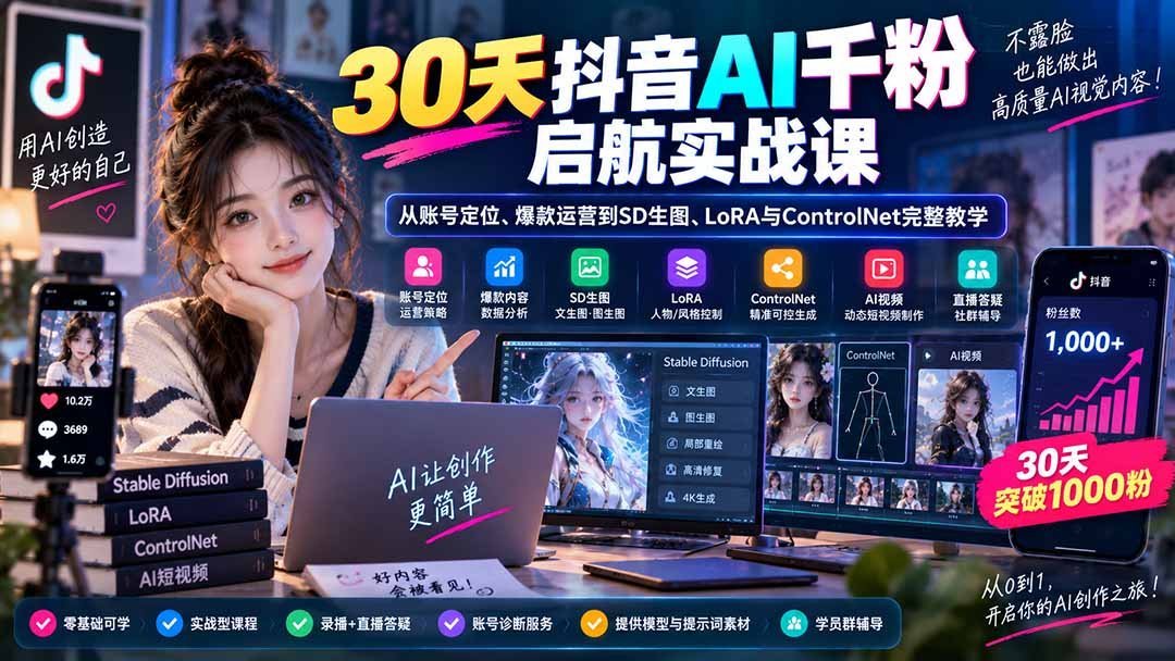 【2026.09.06】30天从0到千粉：抖音AI实战全攻略，定位爆款与SD生图一次搞定-小鱼项目网