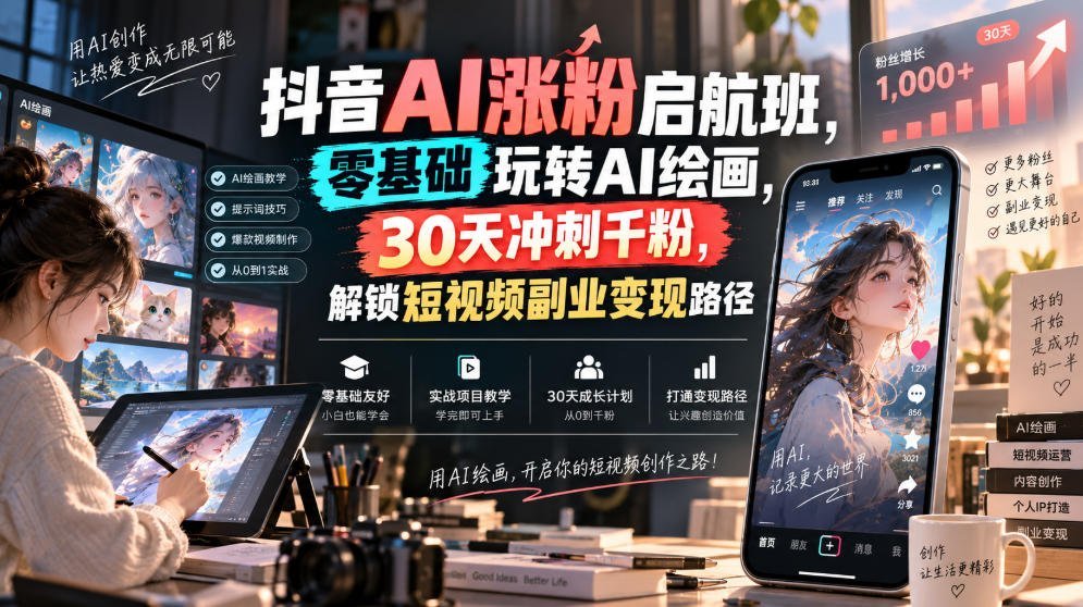 【2026.09.06】零基础玩转AI绘画,30天冲刺千粉,解锁短视频副业变现新路径-小鱼项目网