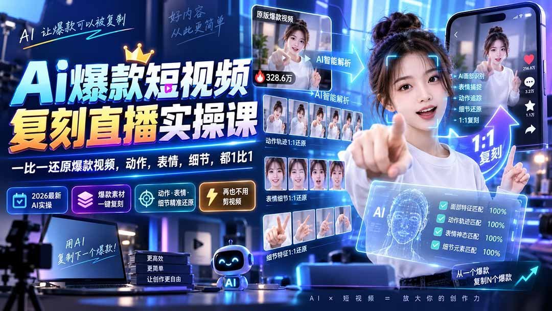 【2026.09.07】AI爆款短视频1:1复刻实操课：动作、表情、细节全还原，打造你的直播爆款！-小鱼项目网