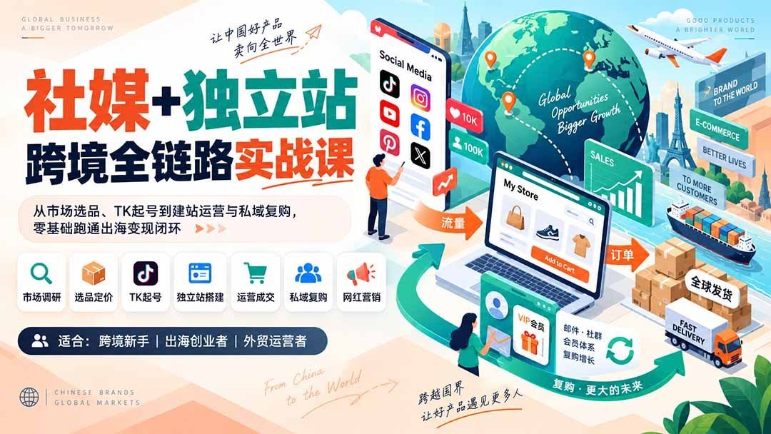 【2026.09.10】社媒与独立站双引擎:零基础掌握跨境选品、TK起号、建站运营及私域复购全链路变现-小鱼项目网