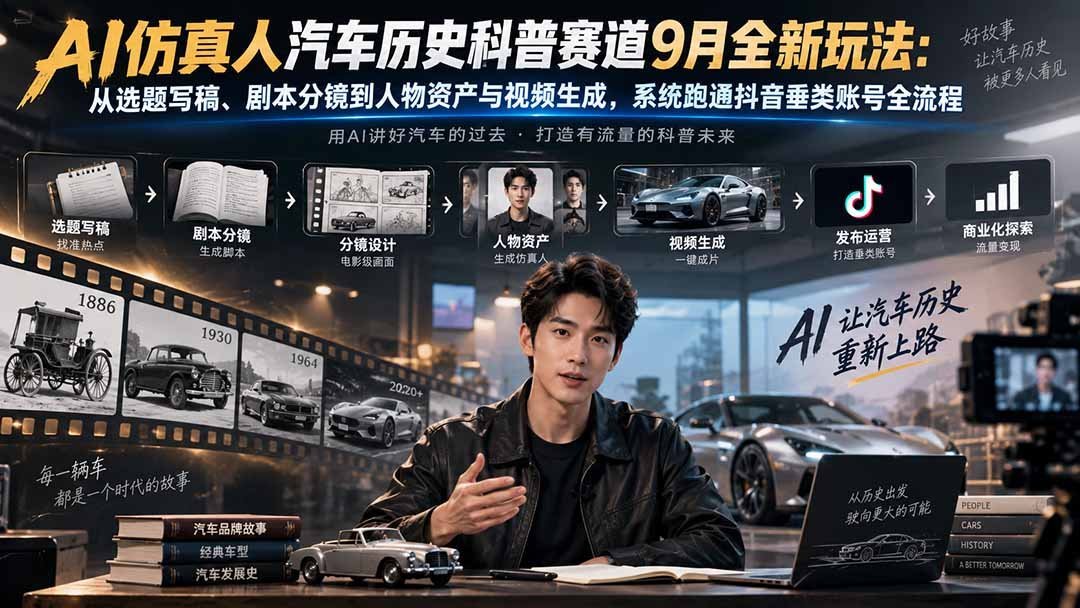 【2026.09.12】AI仿真人带你穿越汽车百年史:抖音科普赛道从选题到成片的完整玩法揭秘-小鱼项目网