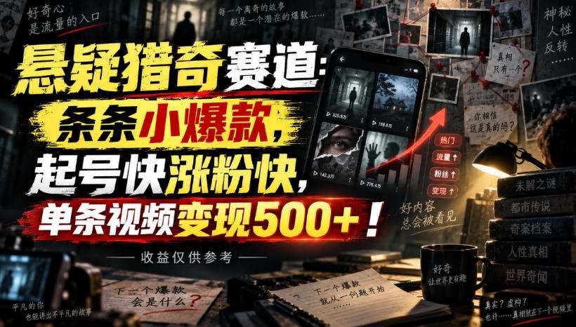 【2026.09.12】悬疑猎奇新风口：条条爆款，极速起号涨粉，单条视频收益500+，实测数据供参考！-小鱼项目网